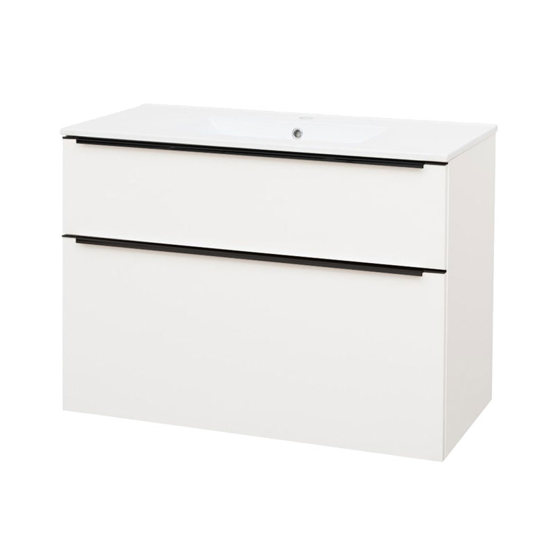 Mereo Mailo, kúpeľňová skrinka s keramickým umývadlom 101 cm, biela, čierne madlo