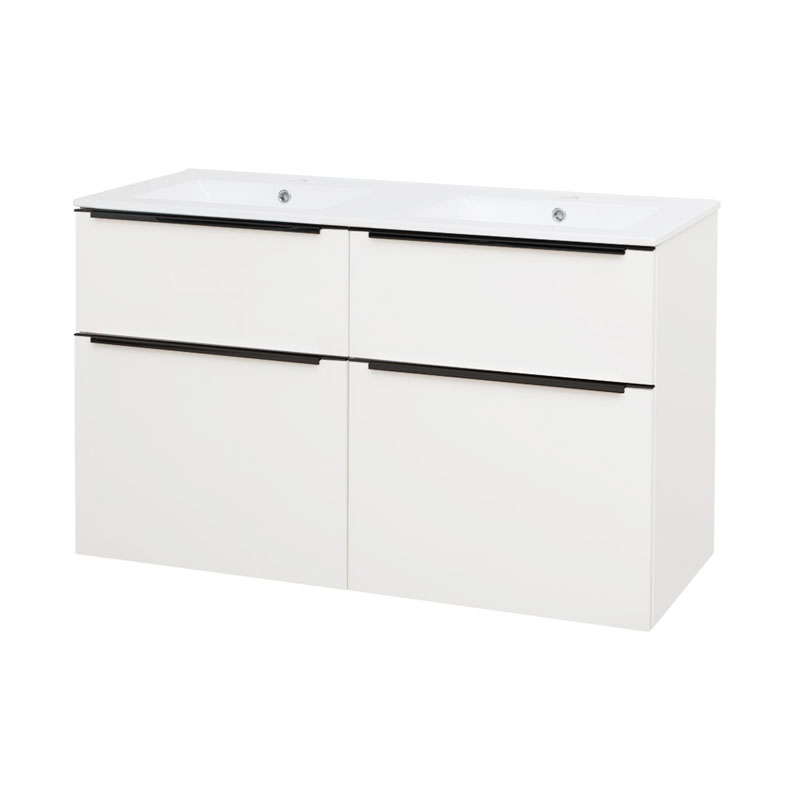 Mereo Mailo, kúpeľňová skrinka s keramickým umývadlom 121 cm, biela, čierne madlo
