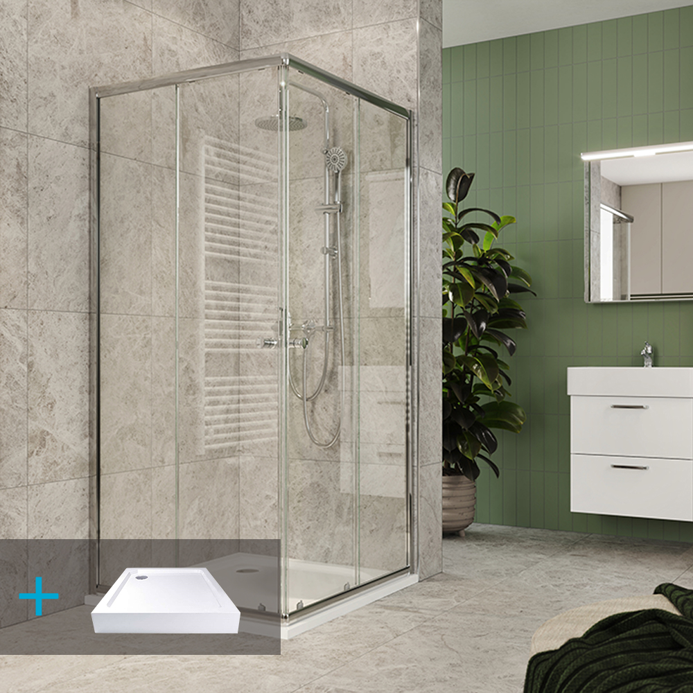 Mereo Kora Lite sprchový set: sprchovací kút 90x90x185 cm, chróm ALU, sklo číre, 90 cm, vanička, sif