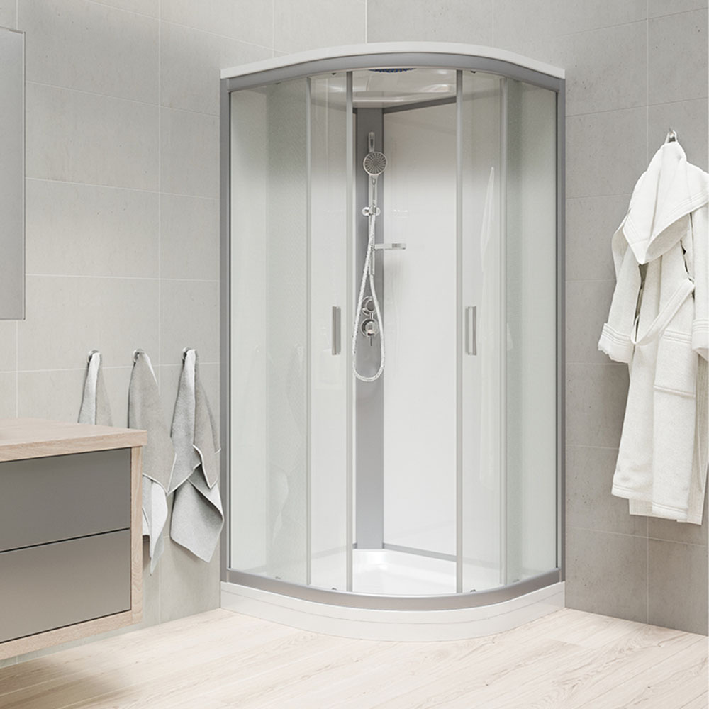 Mereo Sprchový box, štvrťkruh, 90cm, satin ALU, sklo Point, zadne steny biele, liatá vanička, so str