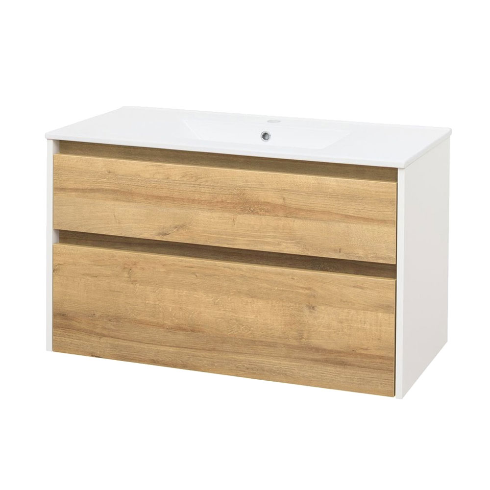 Mereo Opto, kúpeľňová skrinka s keramickým umývadlom 101 cm, biela/dub Riviera